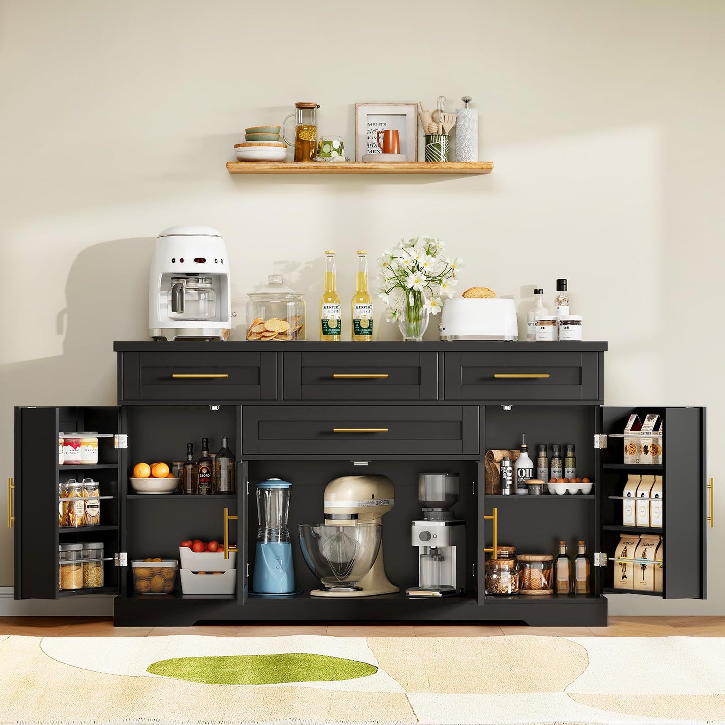 Concho 54" Buffet Cabinet with Storage, Kitchen Sideboards Small Coffee Bar Cabinet with 4 Drawers, Modern Kitchen Storage Cabinet for Living Room, Jet Black