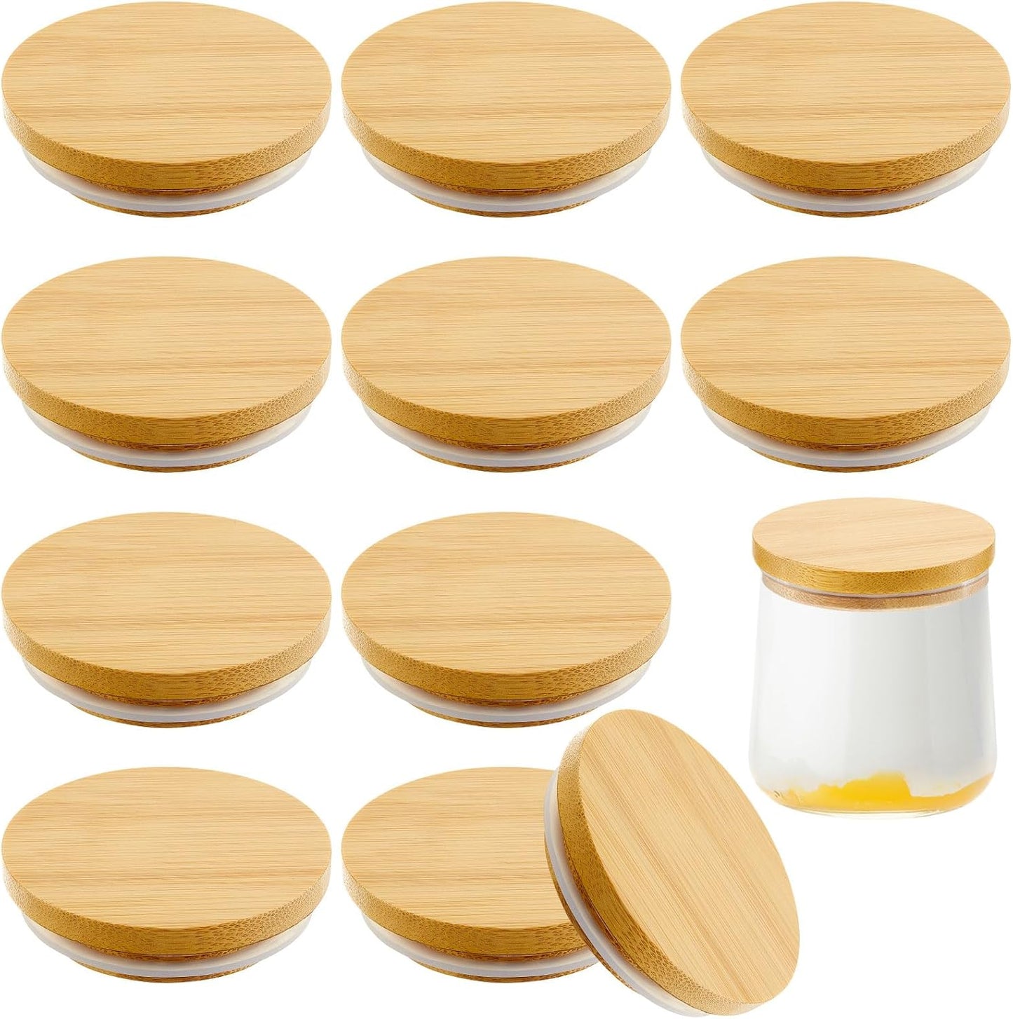 12 Pack Set Sawysine Yogurt Jar Lids Compatible with Oui Yogurt Jars Reusable Bamboo Wooden Round Canning Lids