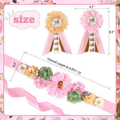 JOYMEMO Pink Woodland Animal Baby Shower Maternity Sash Kit - Woodland Theme Baby Shower Belly Belt and Mom to Be & Dad to Be Corsage Pins, Pregnancy New Parents Photo Props Party Supplies