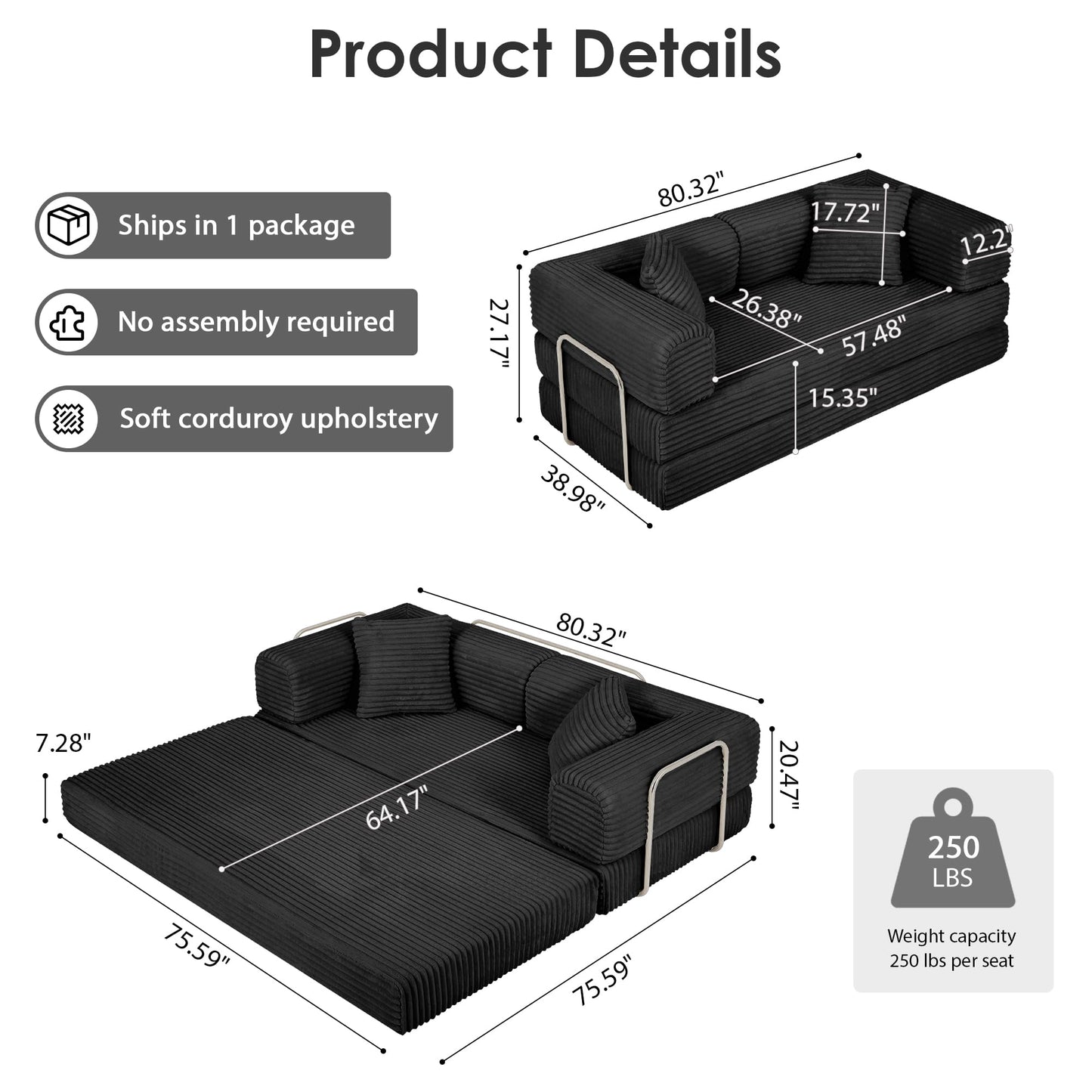 Eafurn 4-in-1 Convertible Folding Sofa Bed Boneless Loveseat Sofa in a Box - Foam Sleeper Couch with Fxied Frame, Modern Corduroy Upholstered Floor Couch & Fold Out Mattress