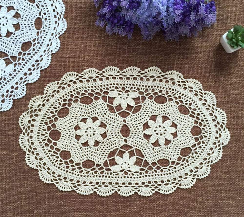 Hetao 11X19 Inch 100% Doilies-2pc Cotton Handmade Lace Crochet Oval Table mats Placemats Doily Beige