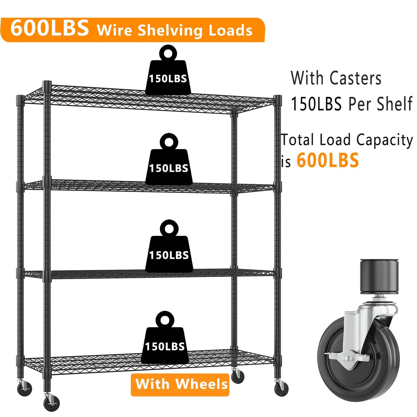 Himimi Storage Shelves 60" W Wire Shelving with Wheels 2600LBS Heavy Duty Metal Shelves for Storage, 4-Tier Adjustable Wire Rack Shelving Garage Shelving Kitchen Storage Shelves 24" Dx60 Wx72H, Black