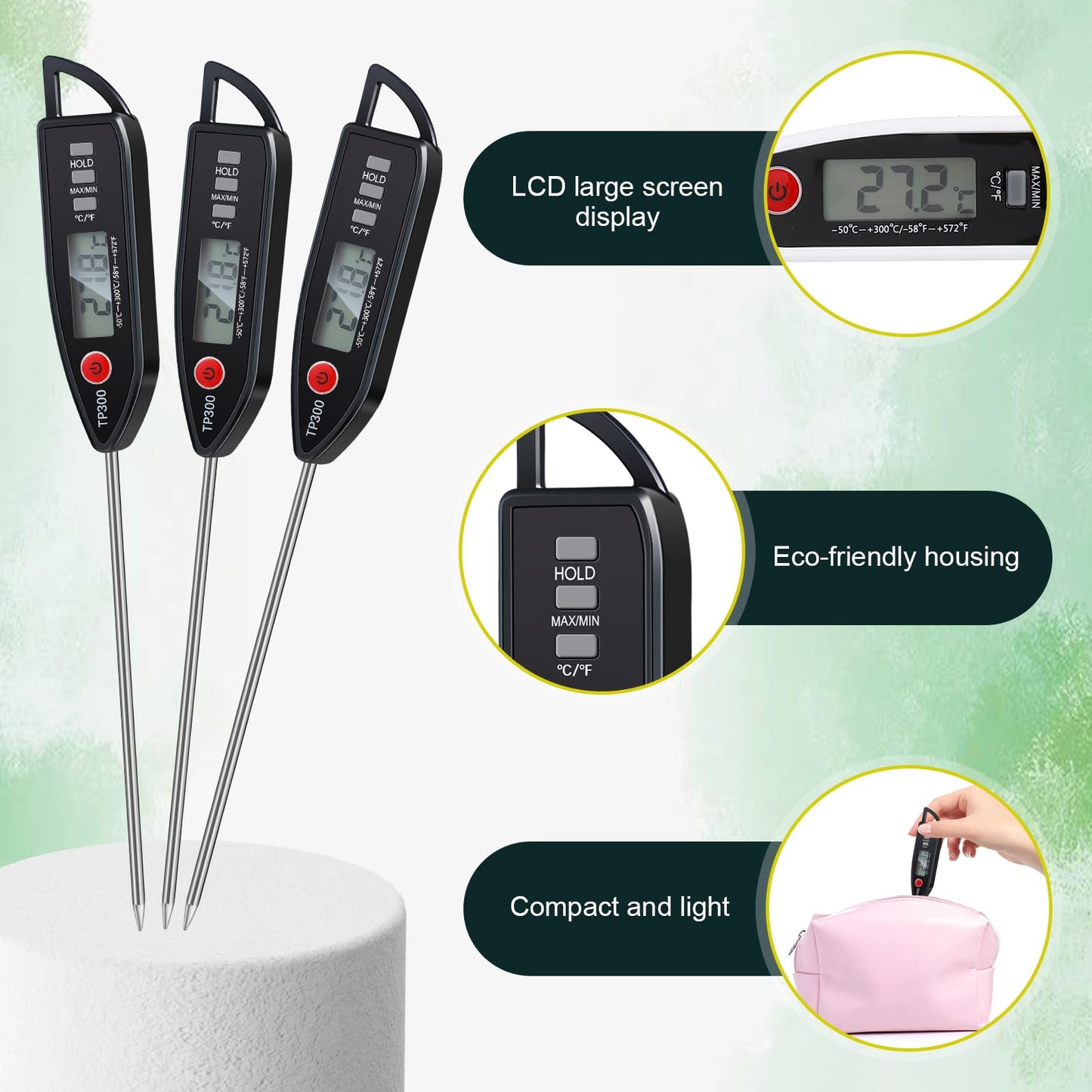 6 Pcs Instant Read Meat Thermometer with Long Probe 9.65 Inch Kitchen Cooking Food Candy Waterproof Digital Thermometer for BBQ Water Milk Yogurt Liquid (Round&Square Ring,Black,White,Red)