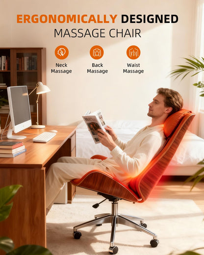 Executive Massage Office Chair Ergonomic Luxury Desk Chair with Handcrafted Wood Veneer 6-Point Vibration for Sciatica Relief 135° Recline, Big and Tall Support for Home & Workspace (Orange)