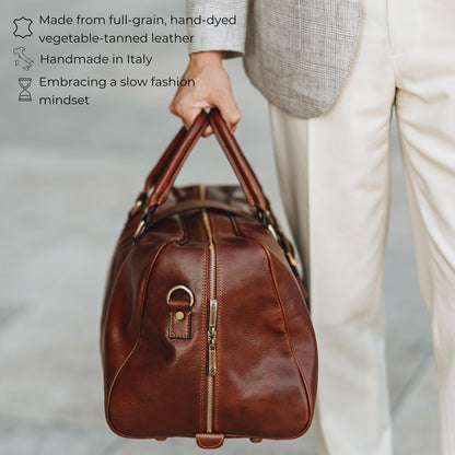 Time Resistance Leather Duffle Bag - Full Grain Leather Travel Bag for Men and Women - Carry-On Duffel Bag (Cognac)