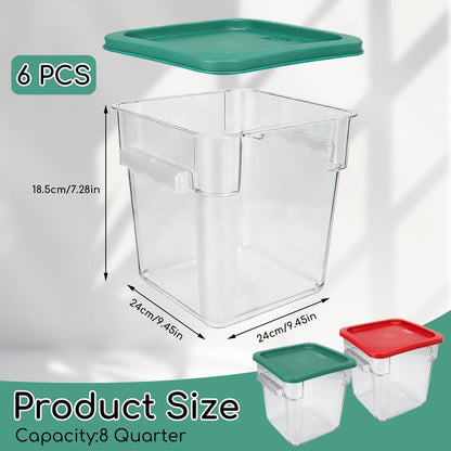 6-Pack 8 Quart Food Storage Container with Lid, Commercial Grade Square Polycarbonate 8 Qt Container with Lid, Handles & Measurement Scales, Airtight Stackable for Kitchen, Restaurant & Home Use