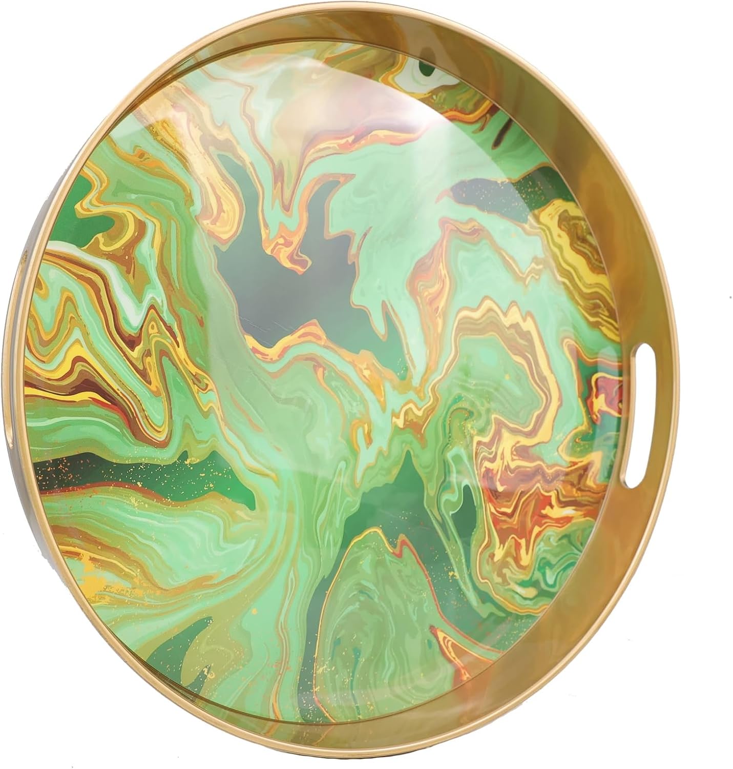 13" Round Green Marbling Decorative Tray with Handles, Morden Plastic Serving Tray for Coffee Table Bathroom, Ottoman