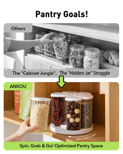 Ankou Rotating Food Storage Containers Set of 6, 23oz (690ml) Clear PET Jars with Dual Pour Lids, 360° Lazy Susan Pantry Organizer for Snacks, Cereal, Nuts, Oats & Dry Foods, Kitchen Grain Dispenser