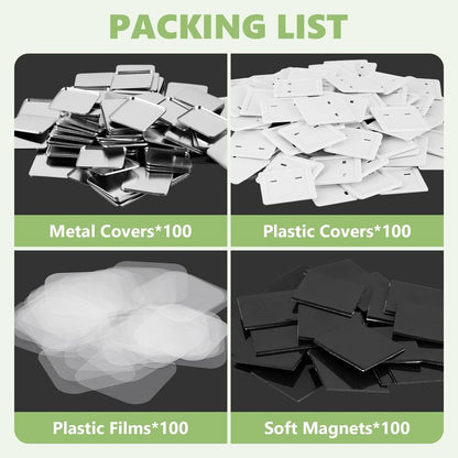 100 Sets 50mm Square Magnets Supplies 1.97 Fridge Magnet Maker Supplies DIY Fridge Magnets Making Set for Square Magnets Maker, Including Metal Cover, Mylar, Plastic Back Cover&Soft Magnet