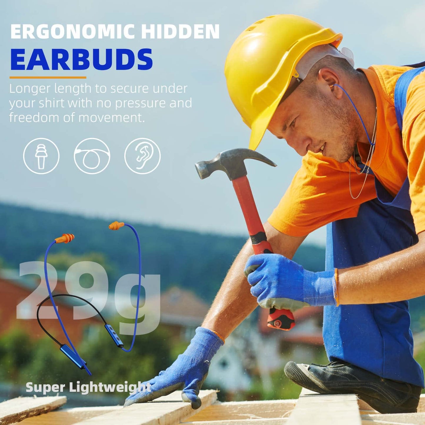 Cuzabe Ear Plugs Bluetooth Headphones for Work, Neckband Wireless Earbuds, Noise Reduction in-Ear Earphones with Mic and Controls, Waterproof Earbuds with 20 Hours Battery, for Industrial Safety