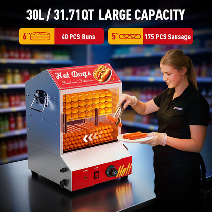 Hot Dog Steamer Machine, 28.5QT/27L, 2-Tier Electric Hot Dog Steamer with Bun Warmer, Adjustable Temperature, Hot Dog Hut Steamer with Visible Glass Sliding Door