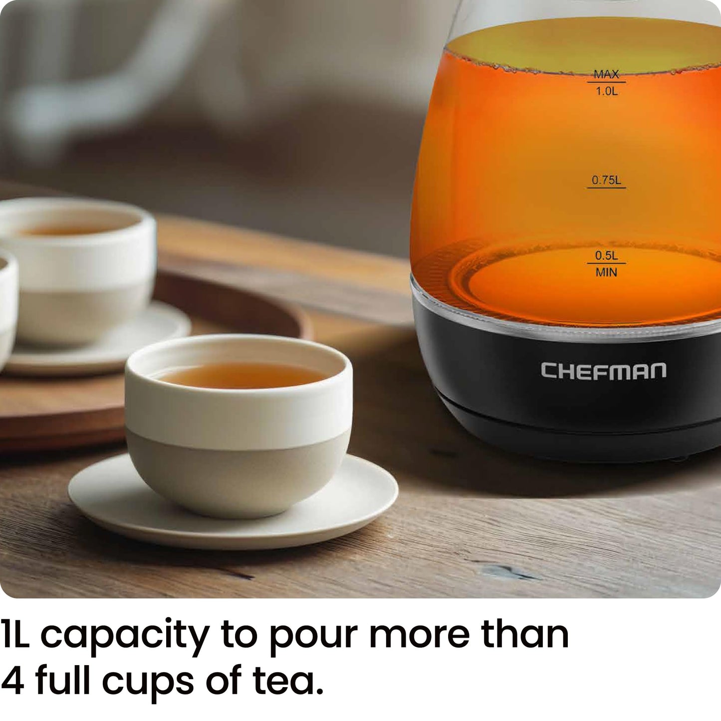 Chefman Electric Kettle with Tea Infuser, Compact 1L (4 Cups), 1500W, Removable Lid for Easy Cleaning, Boil-Dry Protection, Stainless Steel Filter, BPA Free, Auto Shut Off, Small Electric Tea Kettle