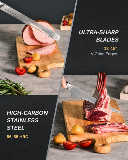 KYOKU 2pc Kitchen Knife Set, Samurai Series 6.5" Boning Knife & 12" Slicing Knife Set, High Carbon Steel Japanese Style Knives with Pakkawood Handle Sheath for Meat Fruit Vegetable Dicing Carving