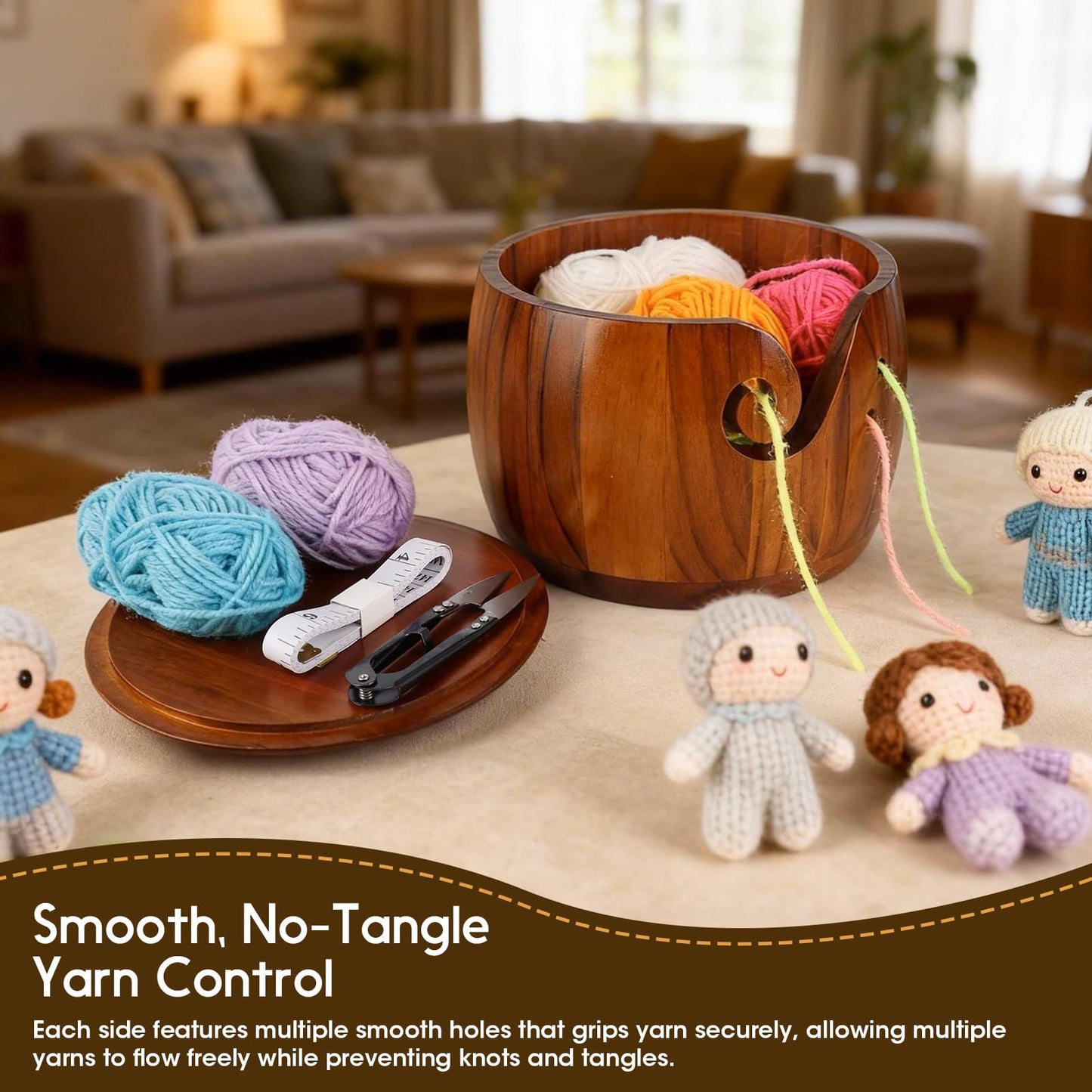 Ziimaikery Large Wood Yarn Bowl with Lid, Crochet Yarn Holder with 7pcs Knitting Hooks, No-Tangle Design, Yarn Storage Crochet Bowl Knitting at Home, Café, Park, Craft Gatherings Rotundity