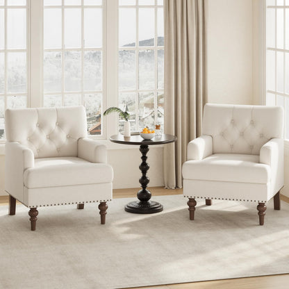MALOL Upholstered Accent Chair with Thick Cushion, High Back Reading Chair, Linen Blend Armchair with Solid Rubberwood Legs for Living Room, Bedroom, Reading, Apartment & Small Spaces,Beige,Set of 2