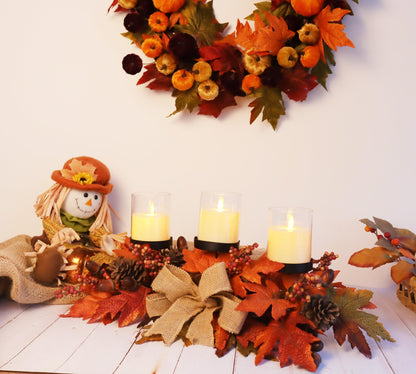 Fall Candle Holder Centerpiece with Maple Leaves, Pinecones, Berries & Burlap Bow,Thanksgiving Table Centerpiece Decoration for Dining Table, Mantel & Autumn Harvest Home Décor