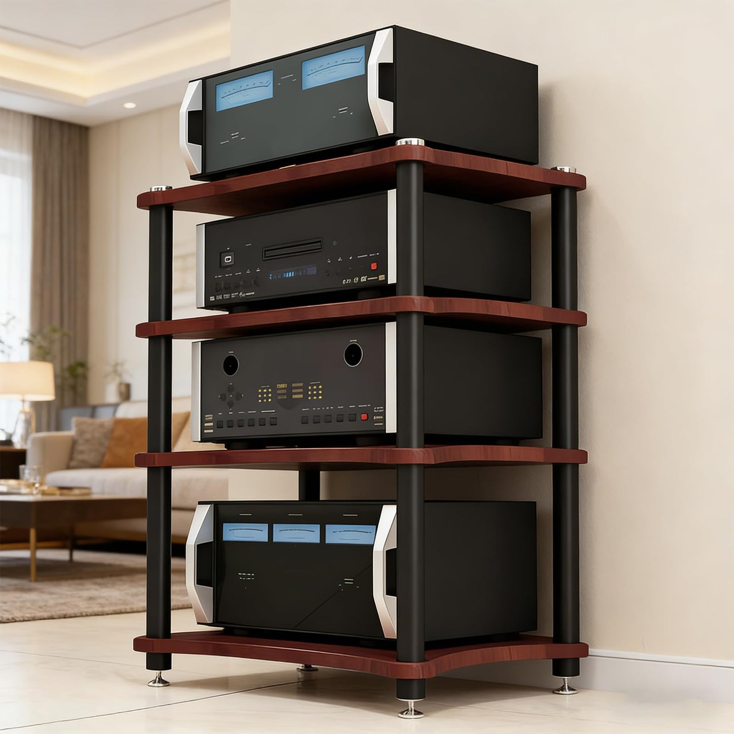 RAJYQODIS Heavy Duty Audio Component Rack, Large Storage Space AV Media Stand with Shock-Absorbing Foot pegs, Audio Rack Tower CD Player Stand for Home/Office/Audio Video/Theate (Teak, 4th)