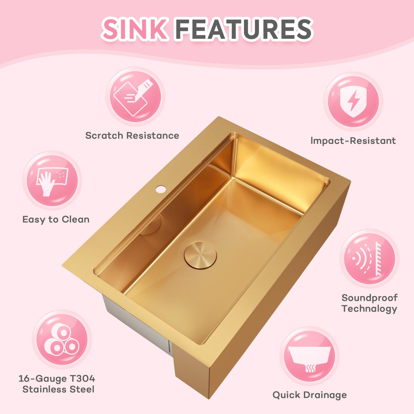 Rhbamoa 33 Inch Gold Farmhouse Sink,16 Gauge T304 Gold Single Bowl Apron Front Kitchen Farm Sink,10 Inch Depth Topmount Farmhouse Kitchen Sinks with All Golden Accessories