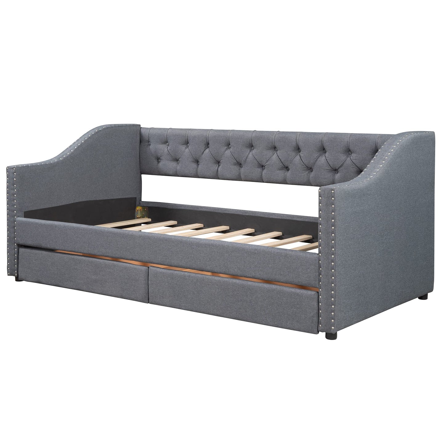 Merax Upholstered Twin Daybed Frame with 2 Storage Drawers, Linen Fabric Wood Sofa Bed, Diamond-Tufted Backrest & Rivets Armrests, Sturdy Wood Slat Support, No Box Spring Needed, Bear 400LBS, Gray