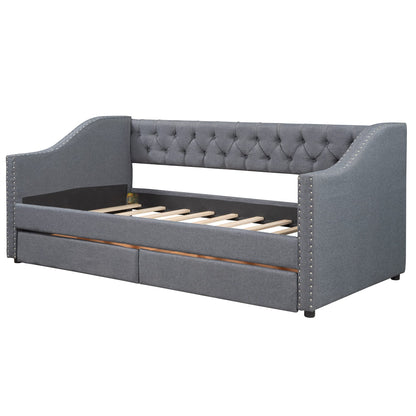 Merax Upholstered Twin Daybed Frame with 2 Storage Drawers, Linen Fabric Wood Sofa Bed, Diamond-Tufted Backrest & Rivets Armrests, Sturdy Wood Slat Support, No Box Spring Needed, Bear 400LBS, Gray