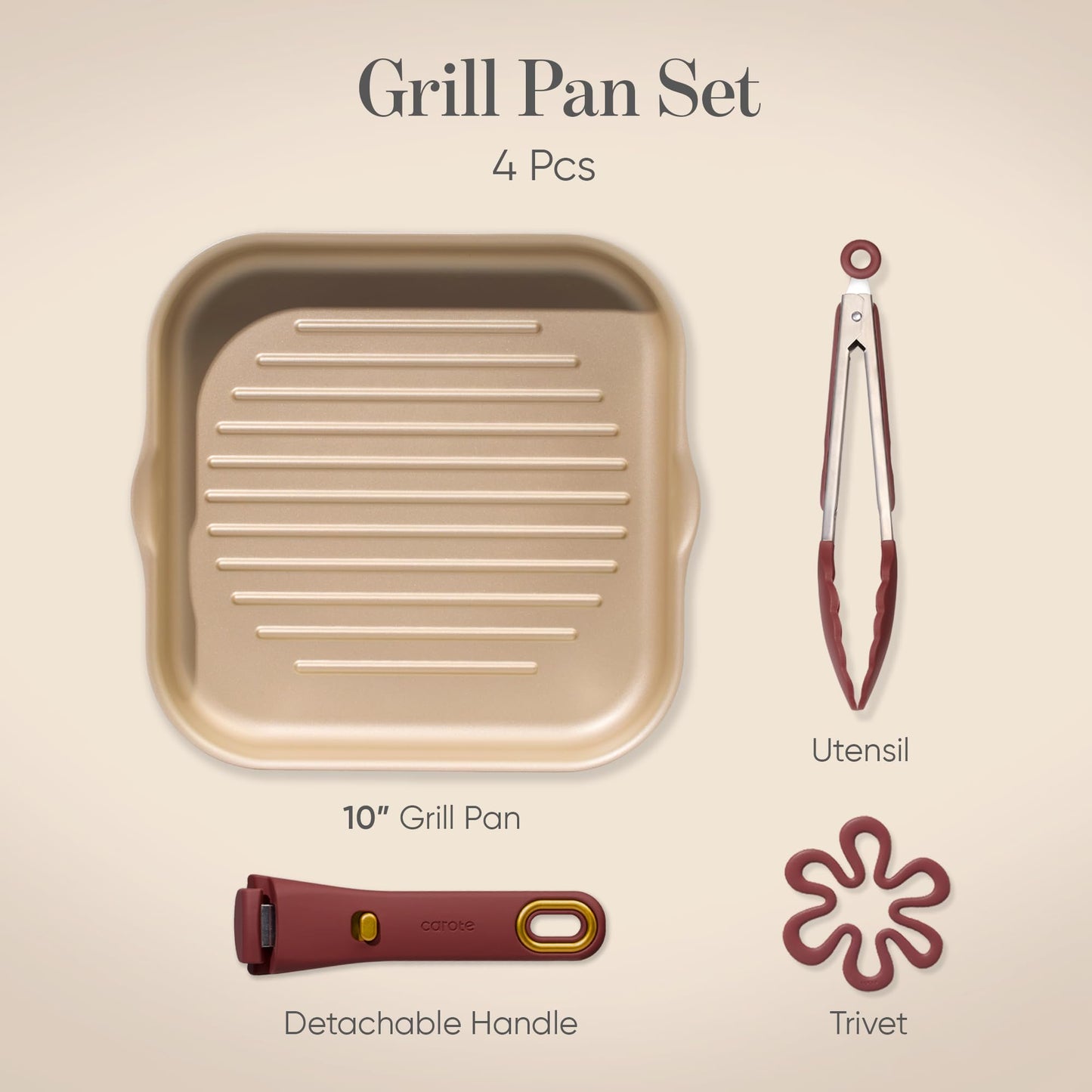 CAROTE 10 Inch Titanium Reinforced Nonstick Grill Pans for Steak, Non-Stick Grill Pans Sets with Detachable Handle, PFOS, PFOA Free, Gas & Induction Safe, All Stovetops Compatible, Burgundy