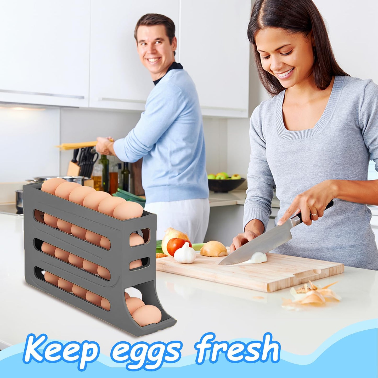 Jofarstep Egg Holder for Fridge, 4 Tiers Dispenser, 30 Egg Container Refrigerator, Large Capacity Organizer Automatic Fridge Rolling Egg Container for Pantry Countertop (Grey)