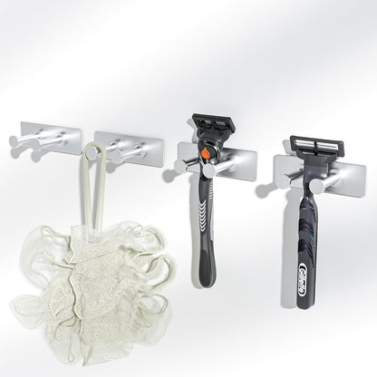 Extra Sticky Stainless Shower Hooks, Wall Mounted Razor Holder, Self-Adhesive Double Hooks for Towel, Loofah, Coat