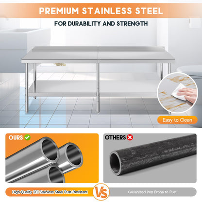 Jocisland 30" x 96" Stainless Steel Table for Prep & Work, Food-Grade Stainless Steel with Backsplash, Adjustable Under Shelf & Safe Design for Restaurant, Home and Outdoor