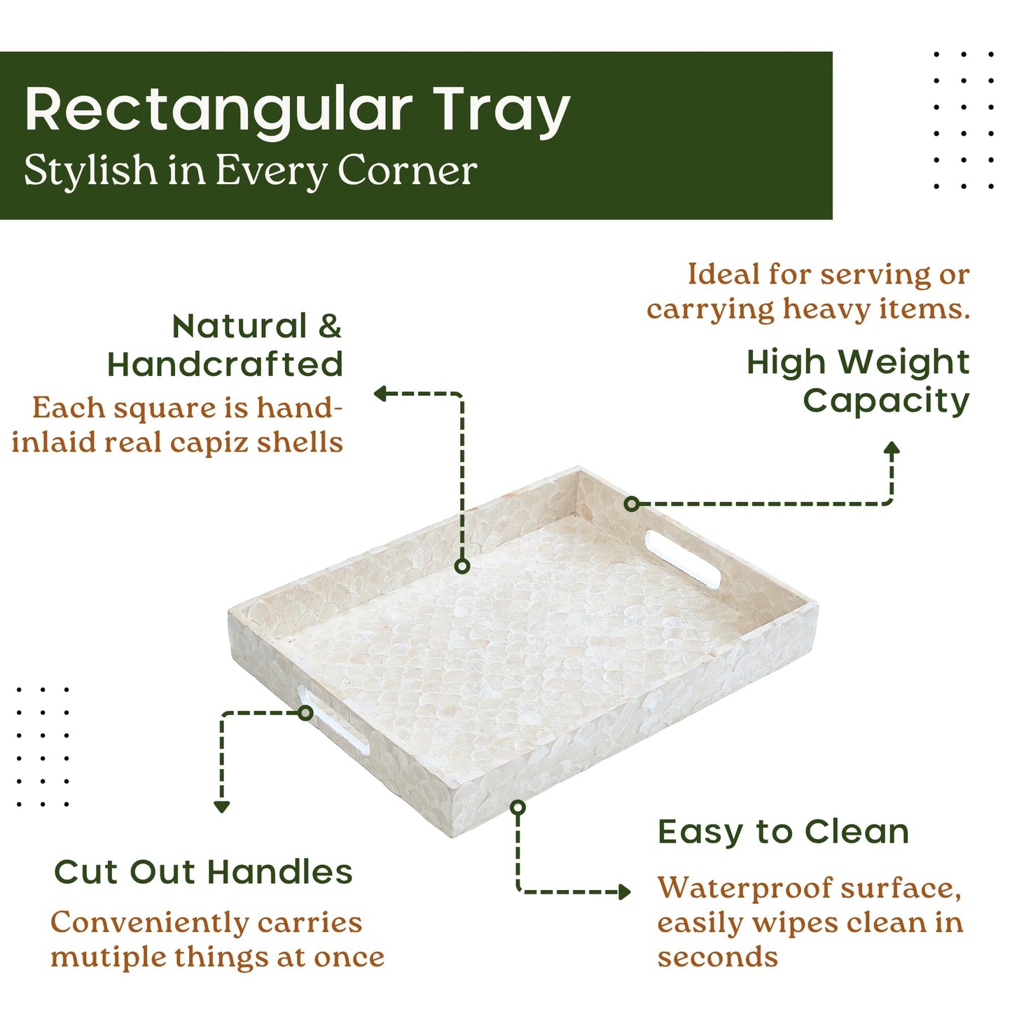 CHI AN HOME Capiz Decorative Tray 15.8” x 11.8” x 1.8" Rectangular Tray, Natural Handmade Serving Tray with Handles for Coffee Tables, Ottoman, Vanity, Kitchen, Coastal Boho Home Decor, White