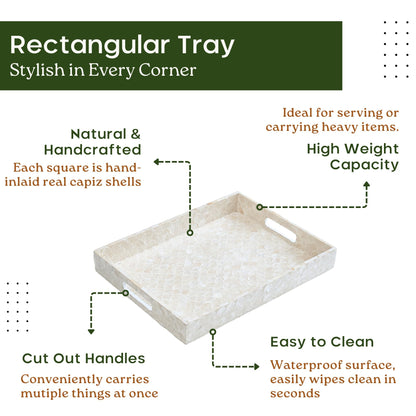 CHI AN HOME Capiz Decorative Tray 15.8” x 11.8” x 1.8" Rectangular Tray, Natural Handmade Serving Tray with Handles for Coffee Tables, Ottoman, Vanity, Kitchen, Coastal Boho Home Decor, White