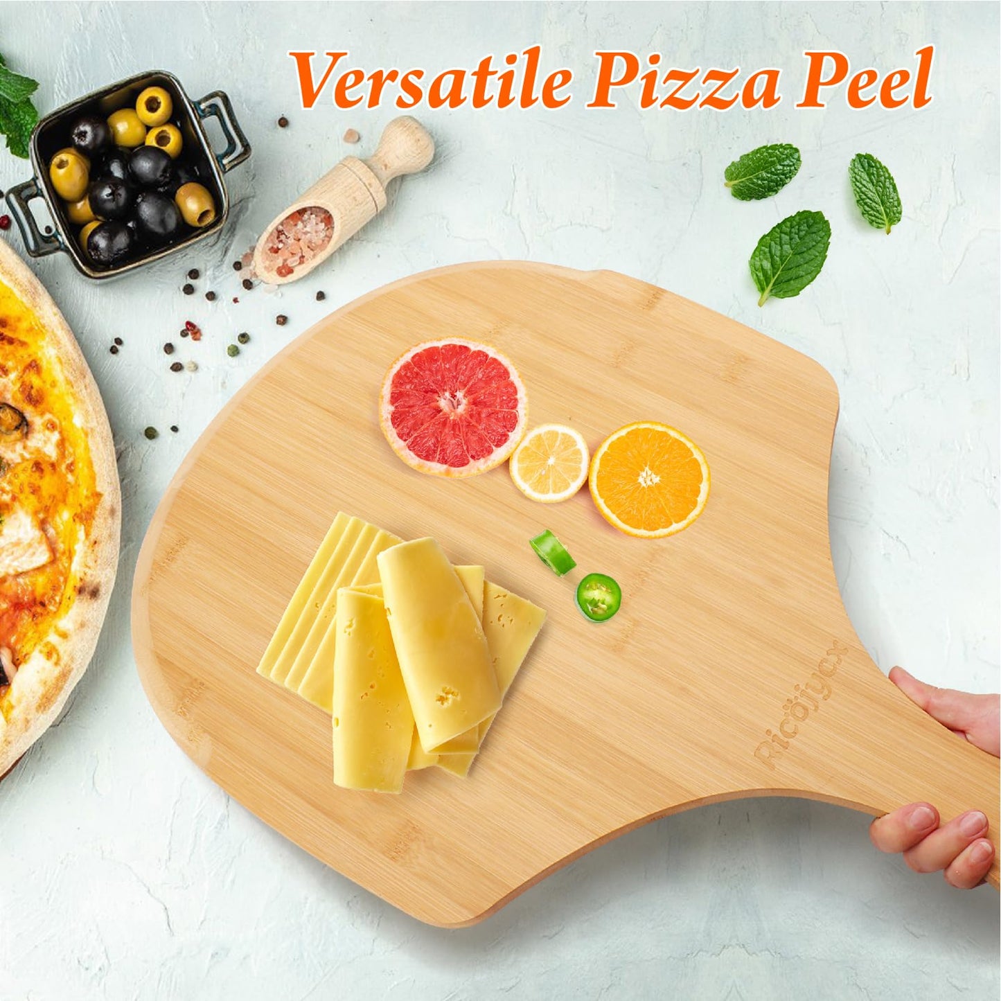 RICOJYCX 2 Pack 16 Inch Bamboo Pizza Peel, Wooden Pizza Paddle Spatula with Extended Handle, Cutting & Serving Board for Pizza, Bread, Cheese, Fruits and Vegetables