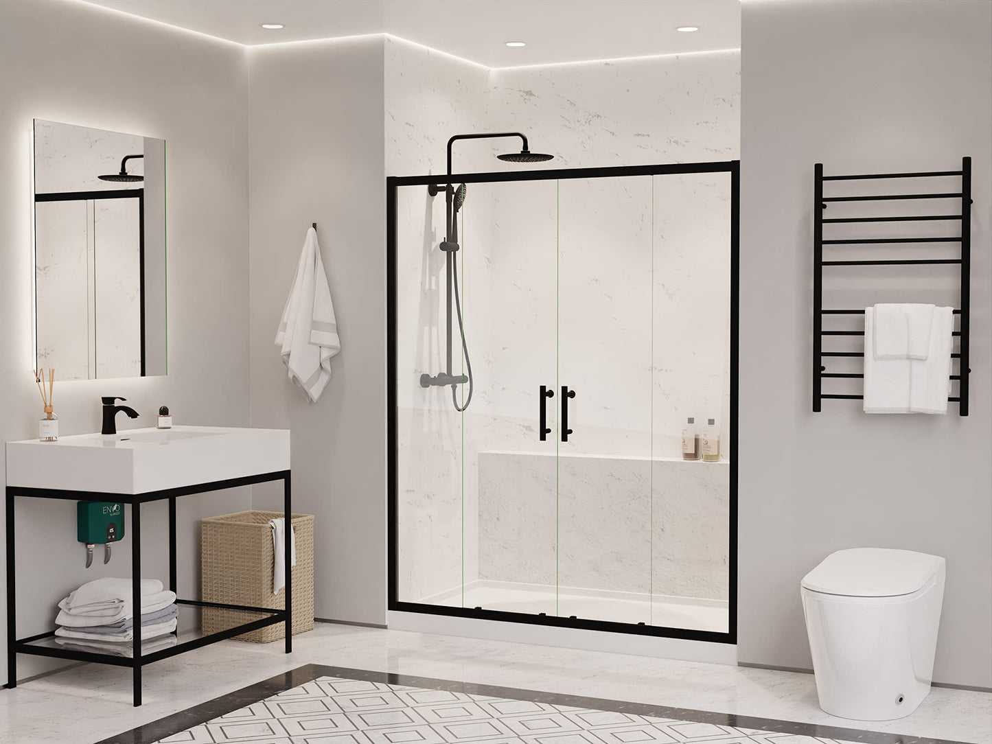 ANZZI 70-in x 60-in. Framed Double Sliding Shower Door, Resistance Free Hinges for Smooth Opening and Closing, Clear Tempered Glass in Matte Black Finish (SD-AZ15-01MB)