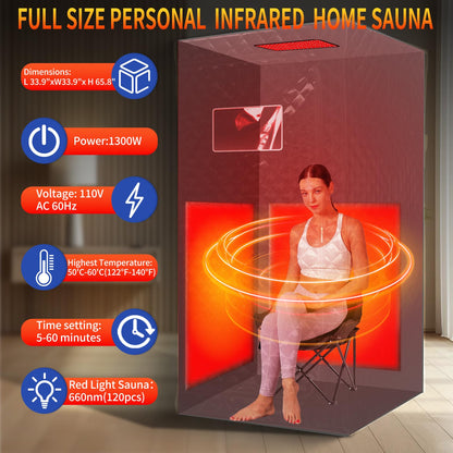 Portable Infrared Sauna for Home, Full Size Foldable Personal Sauna Box with 660nm Red Light Therapy, Independent Heating Foot Pad and Portable Chair for Indoor Relaxation & Detox