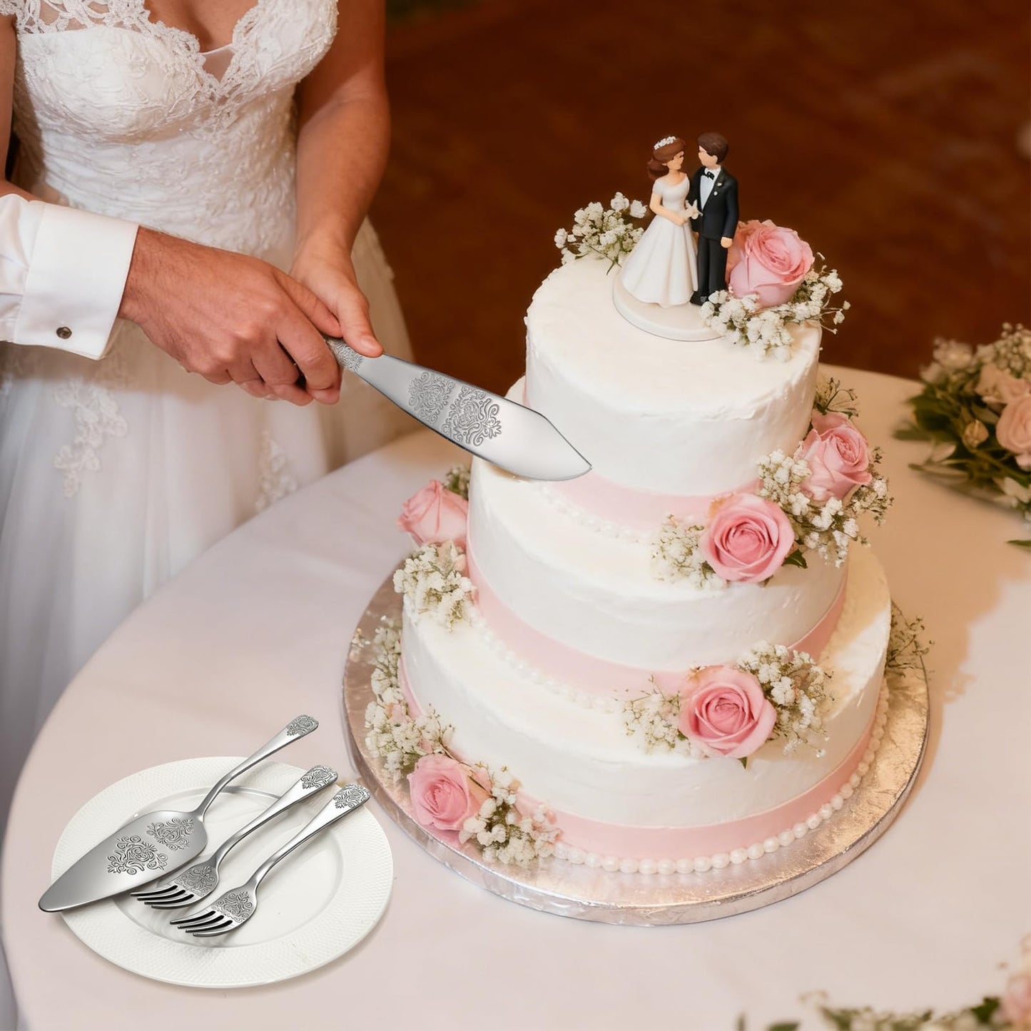 DEAYOU 4 PCS Wedding Cake Knife and Server Set, Stainless Steel Cake Cutting Set with Forks, Engraved Cake Cutter Pie Spatula for Engagement, Anniversary, Birthday, Bride and Groom Gift, Silver