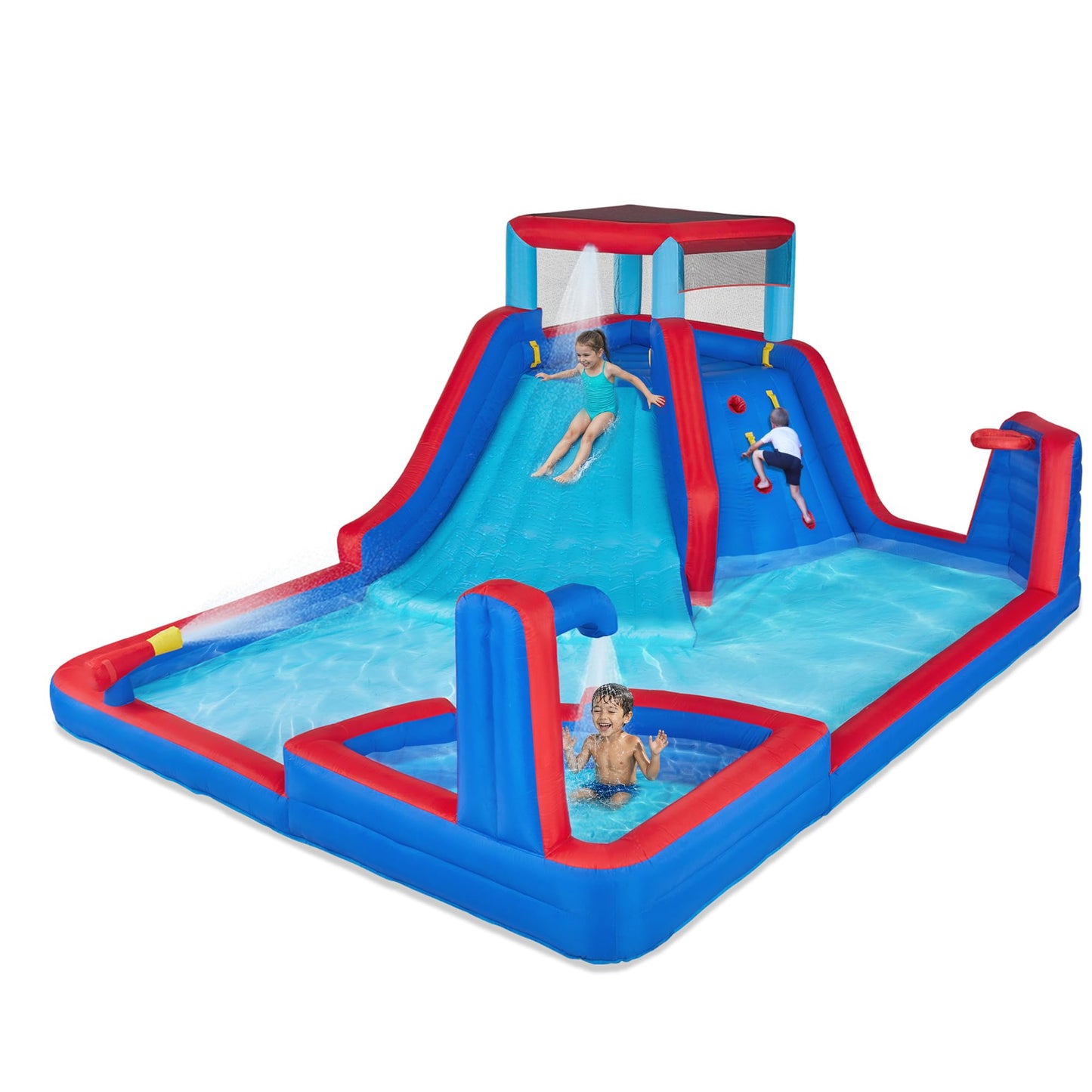 Sunny & Fun Four Corner Inflatable Water Slide Park – Heavy-Duty for Outdoor Fun - Climbing Wall, Slide & Deep Pool – Easy to Set Up & Inflate with Included Air Pump & Carrying Case