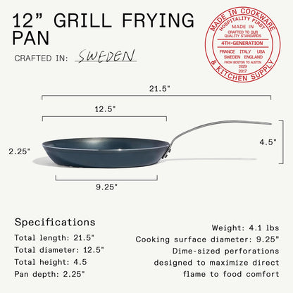 Made In Cookware | 12" Seasoned Carbon Steel Grill Frying Pan - (Like Cast Iron, but Better) | Professional Cookware | Crafted in Sweden