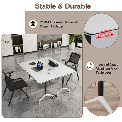 robwibw Folding Conference Room Table Modular Large Mobile Training Meeting Table Rolling Conference Tables with Wheels Seminar Tables for Office Training Classroom(6, Matte White, 63 INCH)