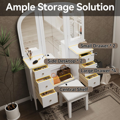 Merax Antique Vanity Desk with Triple Mirror, 46" Makeup Vanity Set with Cushioned Stool, Large Dressing Table with 6 Storage Drawers for Bedroom Dressing Room, White
