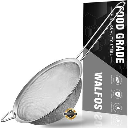 Walfos 7.8 Inch Fine Mesh Strainer, Premium Stainless Steel Colanders and Sifters, with Reinforced Frame and Sturdy Handle, Perfect for Sift, Strain, Drain and Rinse Vegetables, Pastas and Tea