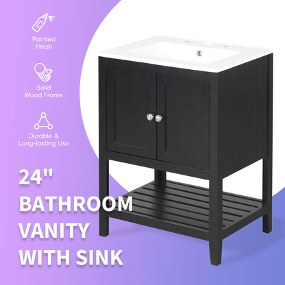 24" Bathroom Vanity with Ceramic Sink Top Set, Cabinet with Adjustable Shelf and Open Storage Space, Soft-Closing Door, Solid Wood Frame, Black