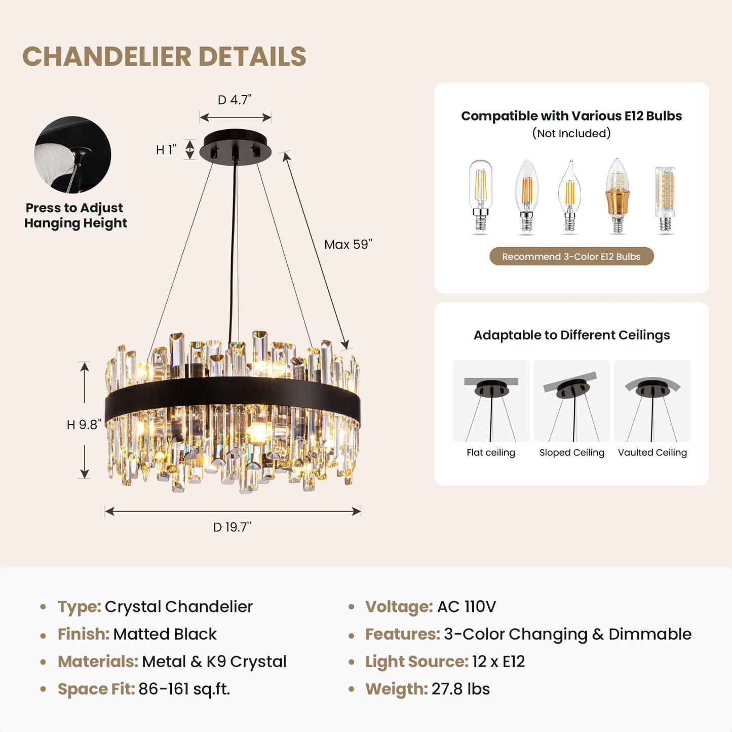 CROSSIO Modern Crystal Chandelier for Dining Room, 12-Light Luxury Black 2 Tiers Crystal Raindrop Chandelier, Contemporary Hanging Light Fixture for Living Room Entryway Foyer D19.7''