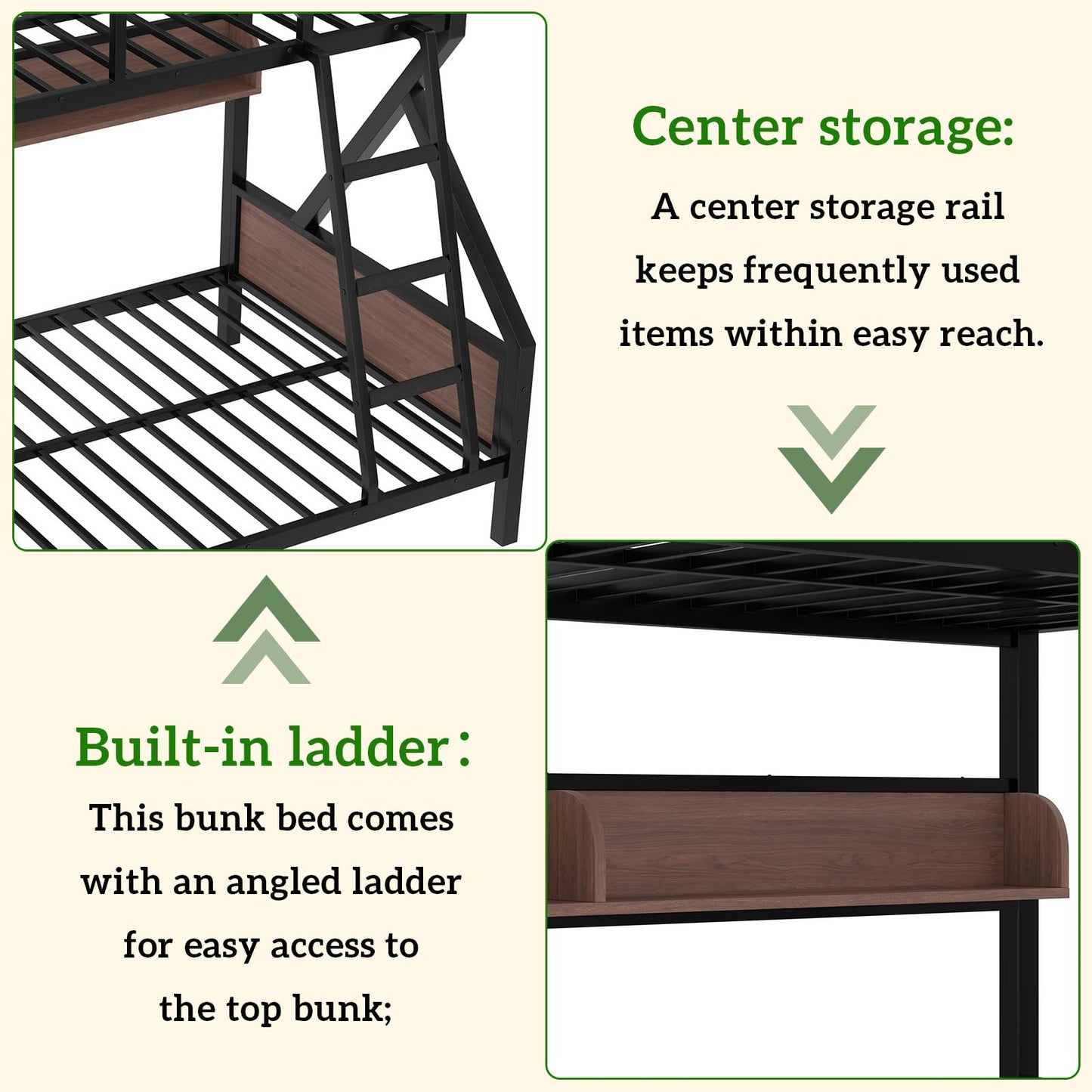 HKOLIE Twin XL Over Queen Bunk Bed with Storage Shelves & LED Lights, Heavy Duty Metal Bunk Bed Frame with Stairs, Noise-Free Design, Space-Saving Bed with Guardrails for Kids, Teens & Adults, Black