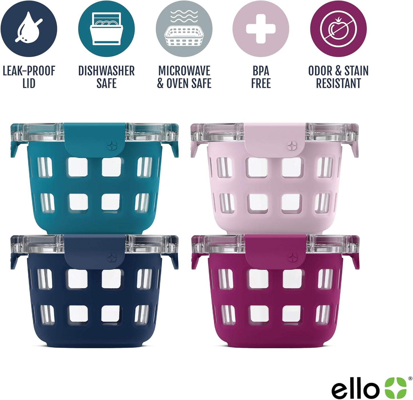 4-Pack 2 Ello Duraglass Cup Reusable Glass Container Jar with Leak Proof Lids and Protective Silicone Sleeves | Perfect