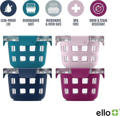 4-Pack 2 Ello Duraglass Cup Reusable Glass Container Jar with Leak Proof Lids and Protective Silicone Sleeves | Perfect