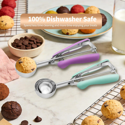 2Pcs Cookie Scoop Set, 18/8 Stainless Steel Cookie Dough Scoops with Lavender & Mint Green Ergonomic Handles, Professional Metal Scooper for Baking, Ice Cream & Cupcakes, 2 Tbsp&3 Tbsp