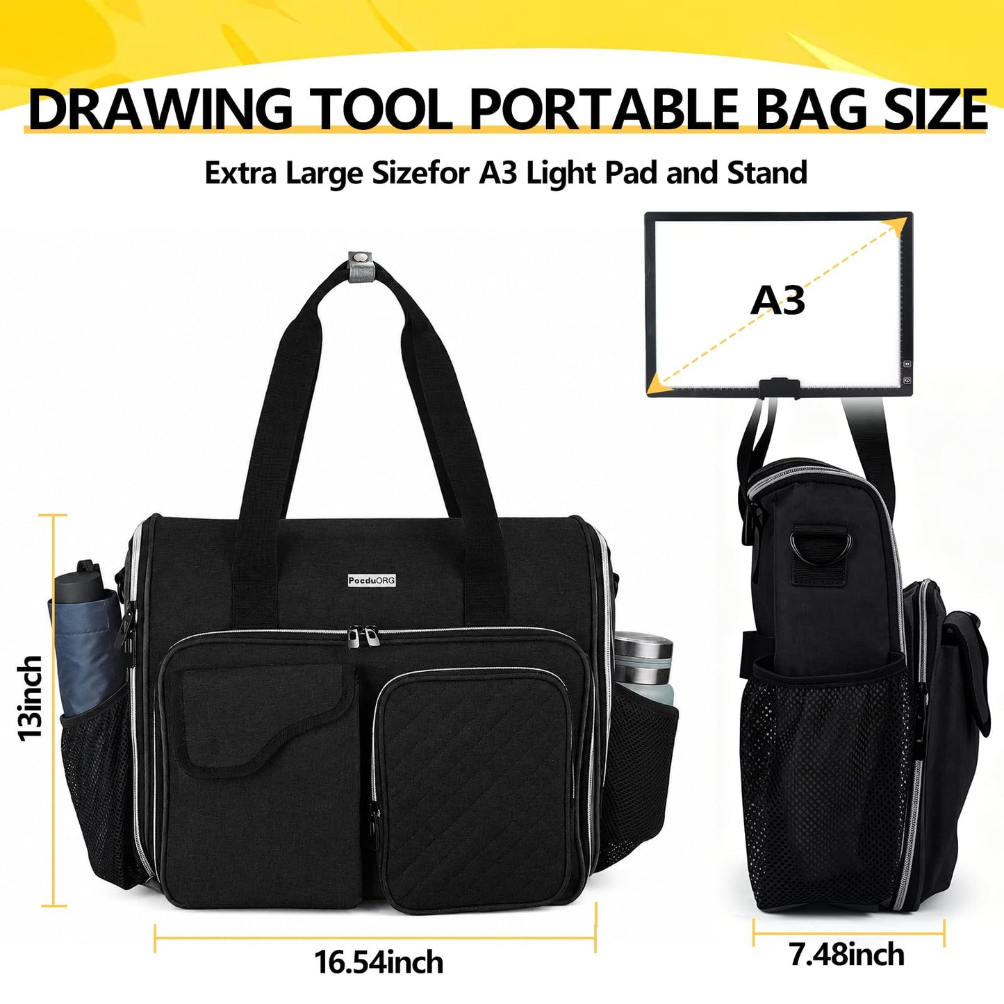 POCDUORG Portable A4 Light Pad Storage Bag for Diamond Painting Accessories, Tote Organizer Case with Multiple Pockets - Compatible with A4 Light Board, Art Supplies & Travel Carrying (Black S)