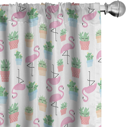 Ambesonne Cactus Window Curtains, Flamingos and Sleeping Plants Cartoon Pattern, 2-Panel Set (28" x 63")