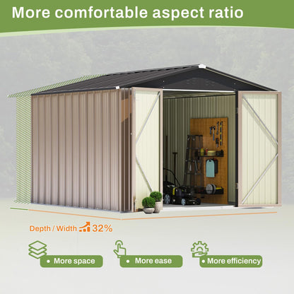 Patiowell 8x10 FT Outdoor Storage Shed, Large Garden Tool Metal Shed with Sloping Roof and Lockable Door, Outside Sheds for Backyard Patio Lawn, Brown