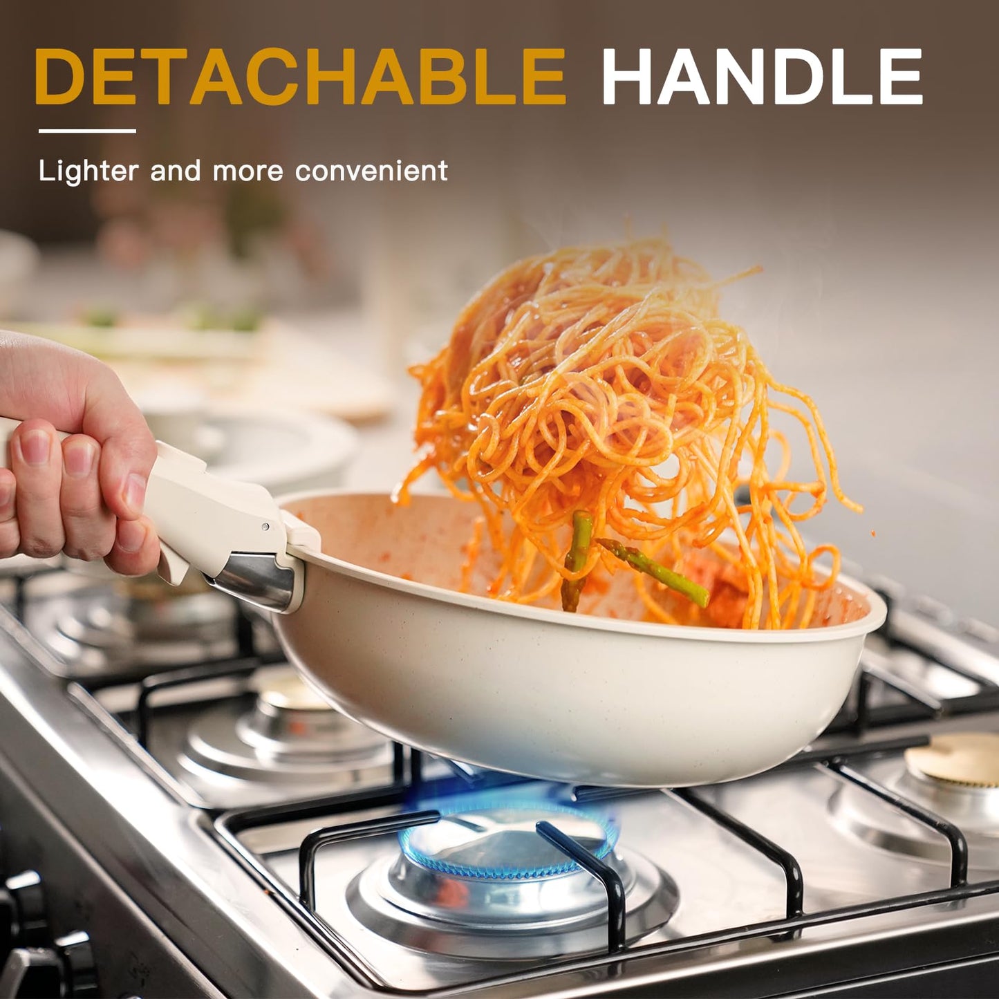 Astercook 23 Pcs Pots and Pans Set Non Stick, Ceramic Cookware Set Detachable Handle, RV Kitchen Cooking Set Removable Handles, Oven Safe, Induction Ready, Stackable, Cream White, Mothers Day Gifts