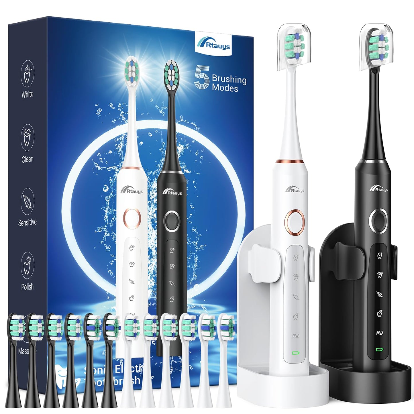 Rtauys M5 Sonic Electric Toothbrush for Adults and Kids - Rechargeable Electric Toothbrush Kids Ages 12+ and Adults with 8 Brush Heads & Travel Case, 120 Days Battery Life - Pink